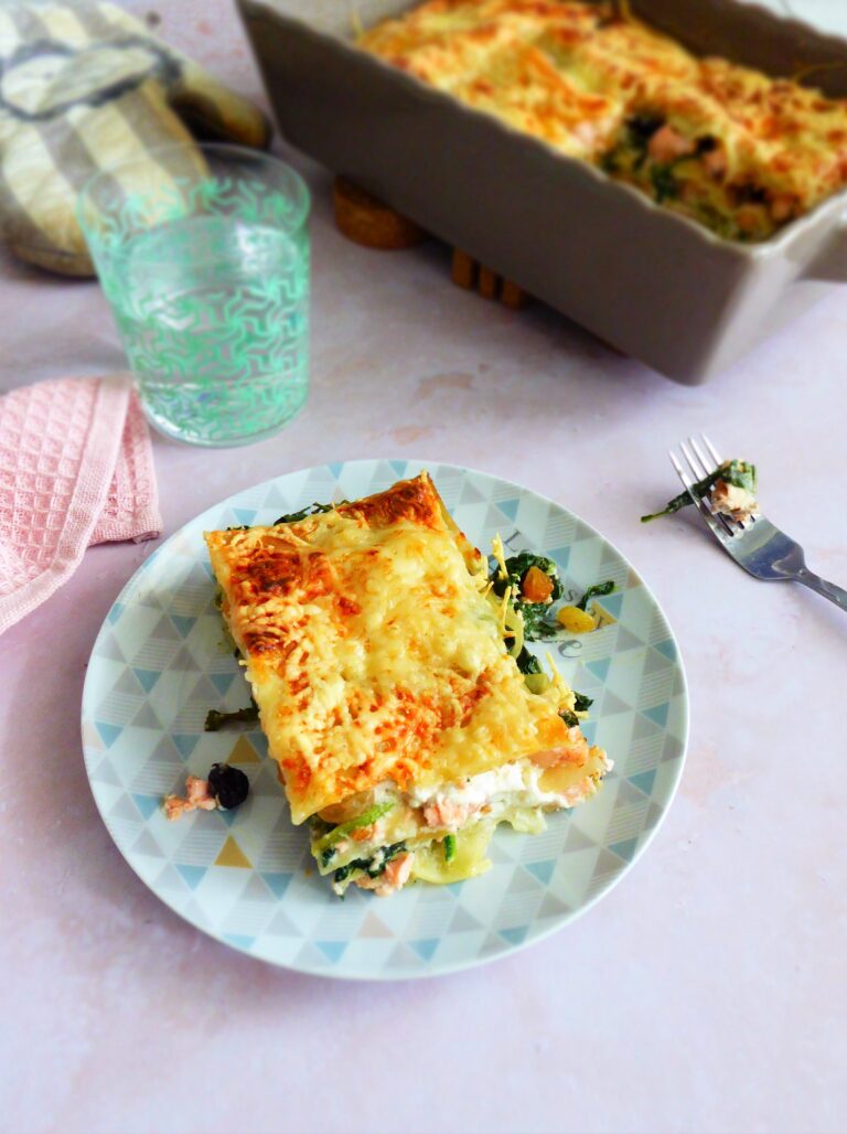 Mes lasagnes légères saumon, fromage de chèvre et épinards (et leur version végétarienne)